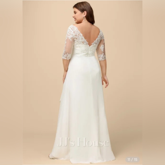 NEW! Size 24W A-line V-Neck Asymmetrical Lace Chiffon Wedding Dress 👰 - Picture 2 of 5